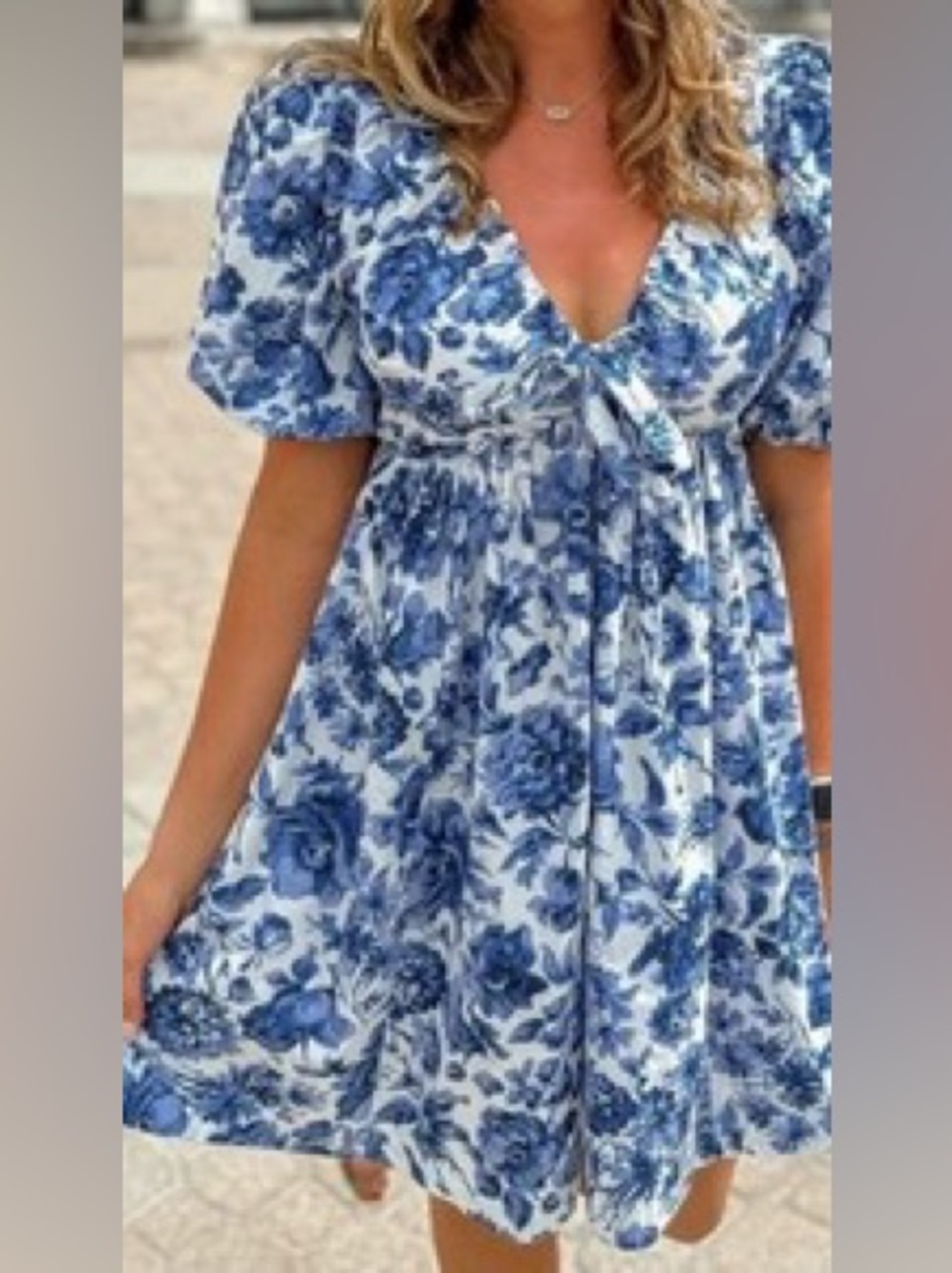 Abercrombie Blue Floral V-Neck Puff Sleeve Mini Dress - Picture 1 of 5